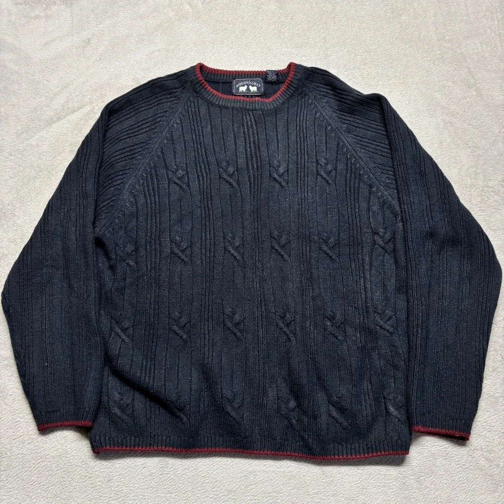 Vintage Woods & Gray Sweater Mens Large Cable Knit Navy Blue Burgundy Trim